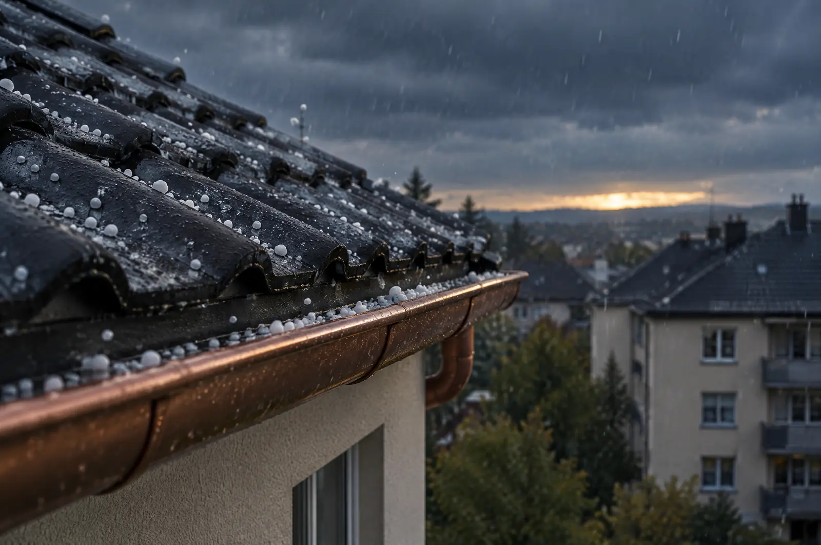 Symbolbild (KI): Dachkante mit Hagelkörnern auf Dachziegeln