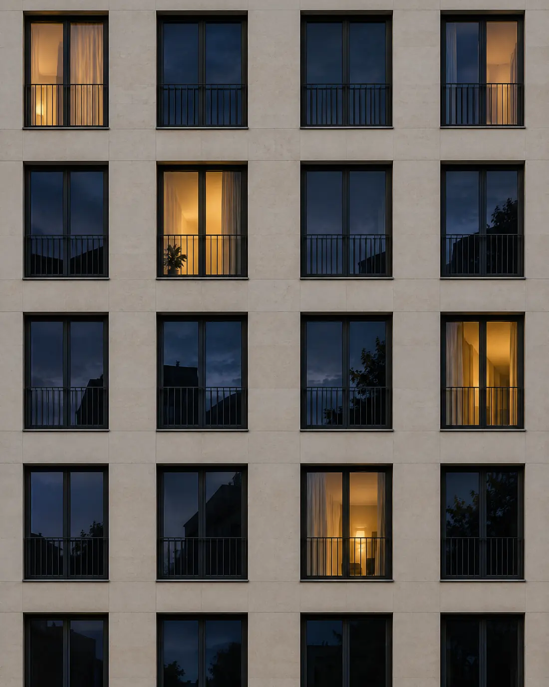 Symbolbild (KI): Fassade mit erleuchteten Fenstern in der Dämmerung
