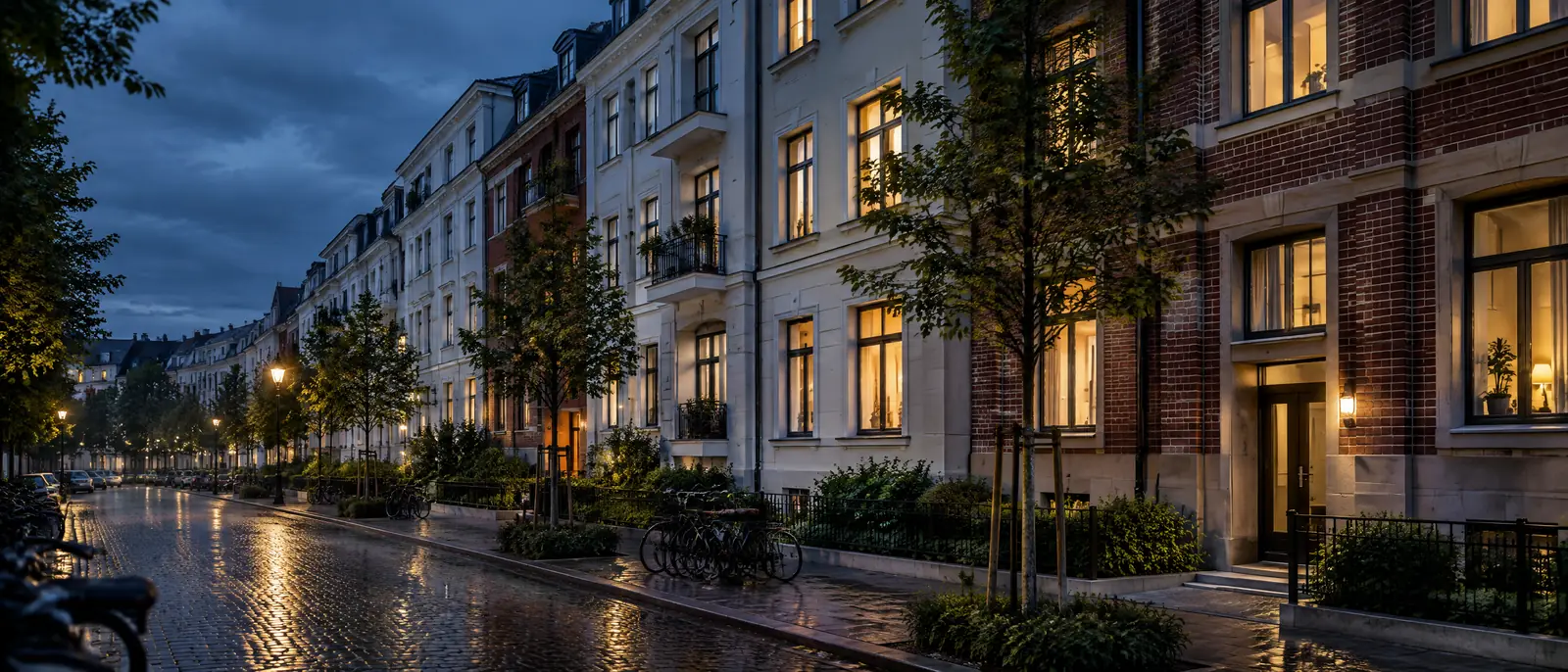 Symbolbild (KI): Wohnstraße mit Altbauten am Abend