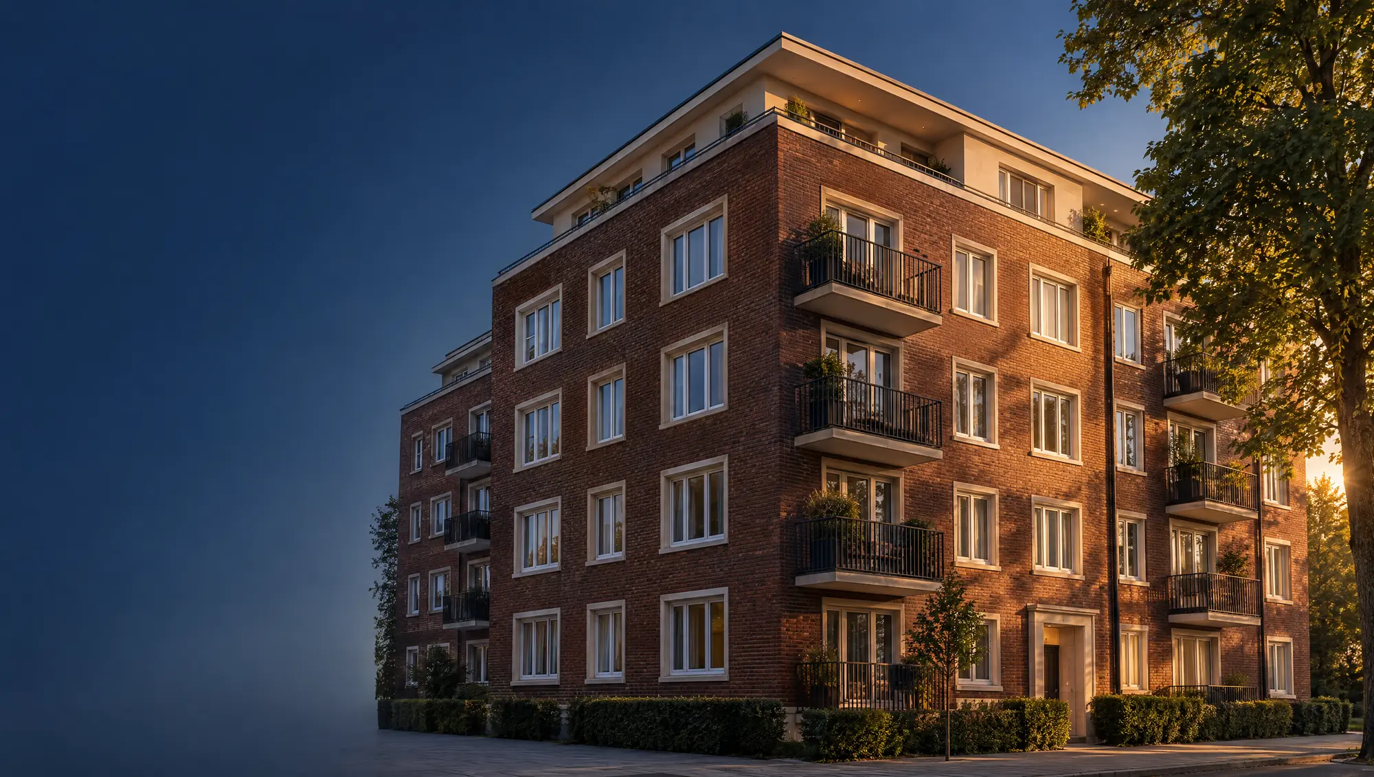 Symbolbild (KI): Mehrfamilienhaus mit Klinkerfassade im Abendlicht